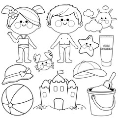 Children at the beach set. Summer vacation collection. Vector black and white coloring page