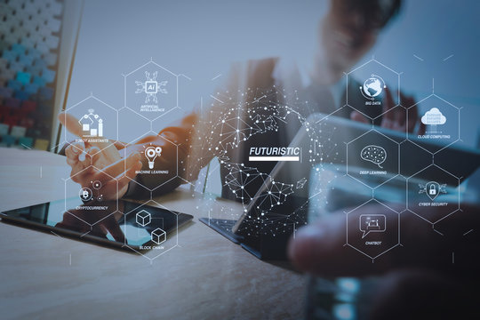 Business team meeting present. Happy professional investor working with new start up project. Digital tablet laptop computer design smart phone using, keyboard docking screen,sun flare