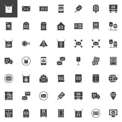 Post vector icons set, modern solid symbol collection, filled style pictogram pack. Signs, logo illustration. Set includes icons as Mail, Package, Mailbox, Post office, Postcard, Stamp, Delivery truck