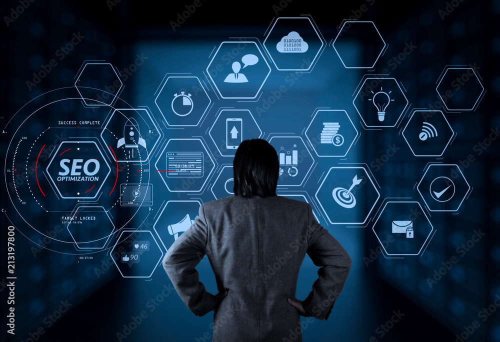 Poster Seo Optimization for website with mobile website and Landing page virtual diagram.businessman working with new modern computer.