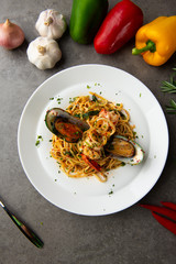 aglio olio spaghetti with seafood top shot
