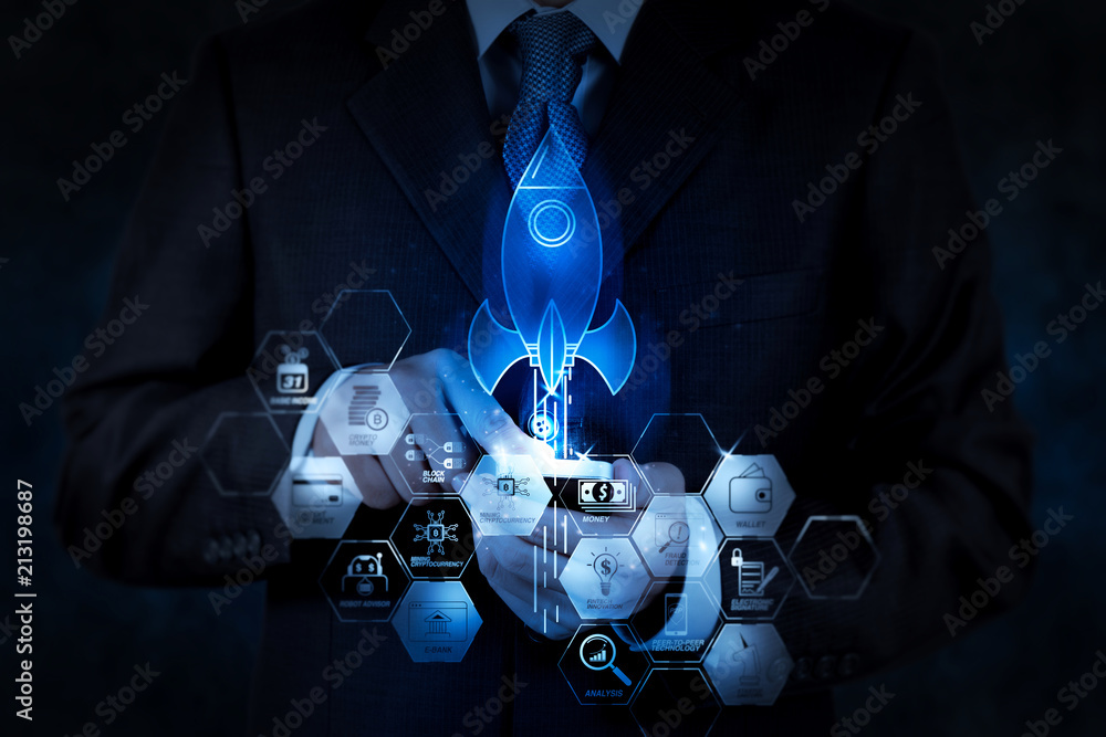 Poster financial technology flowchart and basic income mining cryptocurrency with blockchain startup unicor