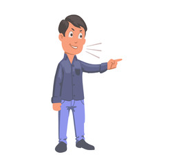 Boy pointing finger, student calling names. Flat vector illustration. Isolated on white background.