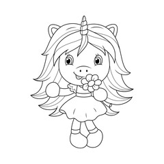 Cute baby unicorn holding flower, coloring page for girls. Vector.