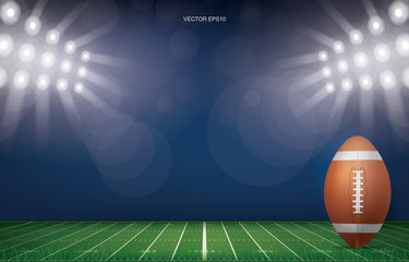 Football ball on football field stadium background. With perspective line pattern of american football field. Vector.