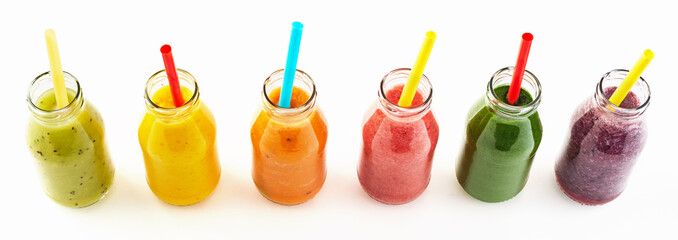 Panorama of healthy veggie and fruit smoothies
