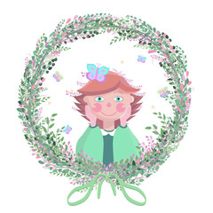 Cartoon girl with butterflies.Wreath of branches and flowers. Bow