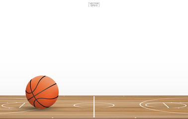 Basketball ball on basketball court with wooden floor pattern and texture. Basketball field isolated on white background. Vector.