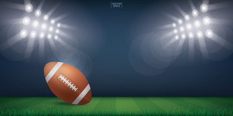 Football ball on football field stadium background. With perspective line pattern of american football field. Vector.