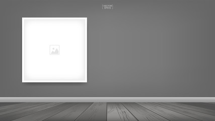 Empty photo frame or picture frame background in room space area with gray wall background and wooden floor. Vector.