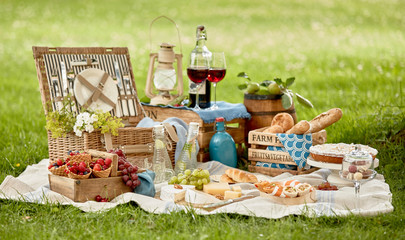 Blanket with picnic food set on green grass - obrazy, fototapety, plakaty