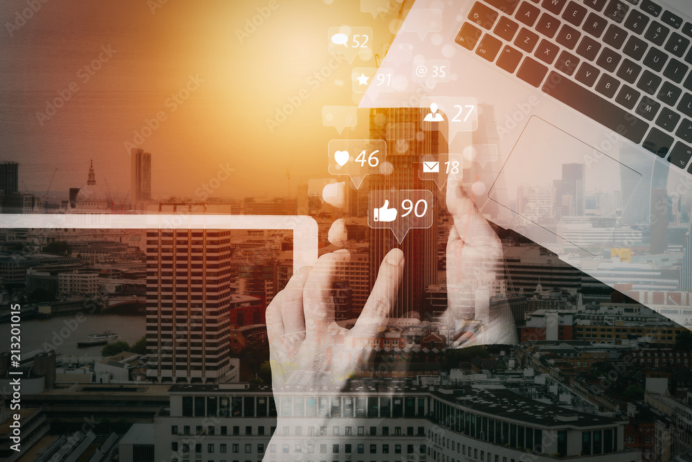 Poster cyber security internet and networking concept.Businessman hand working with VR screen padlock icon mobile phone on laptop computer with building exposure
