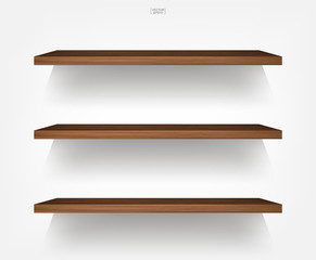 Empty wood shelf on white background with soft shadow. 3D empty wooden shelves on white wall. Vector.