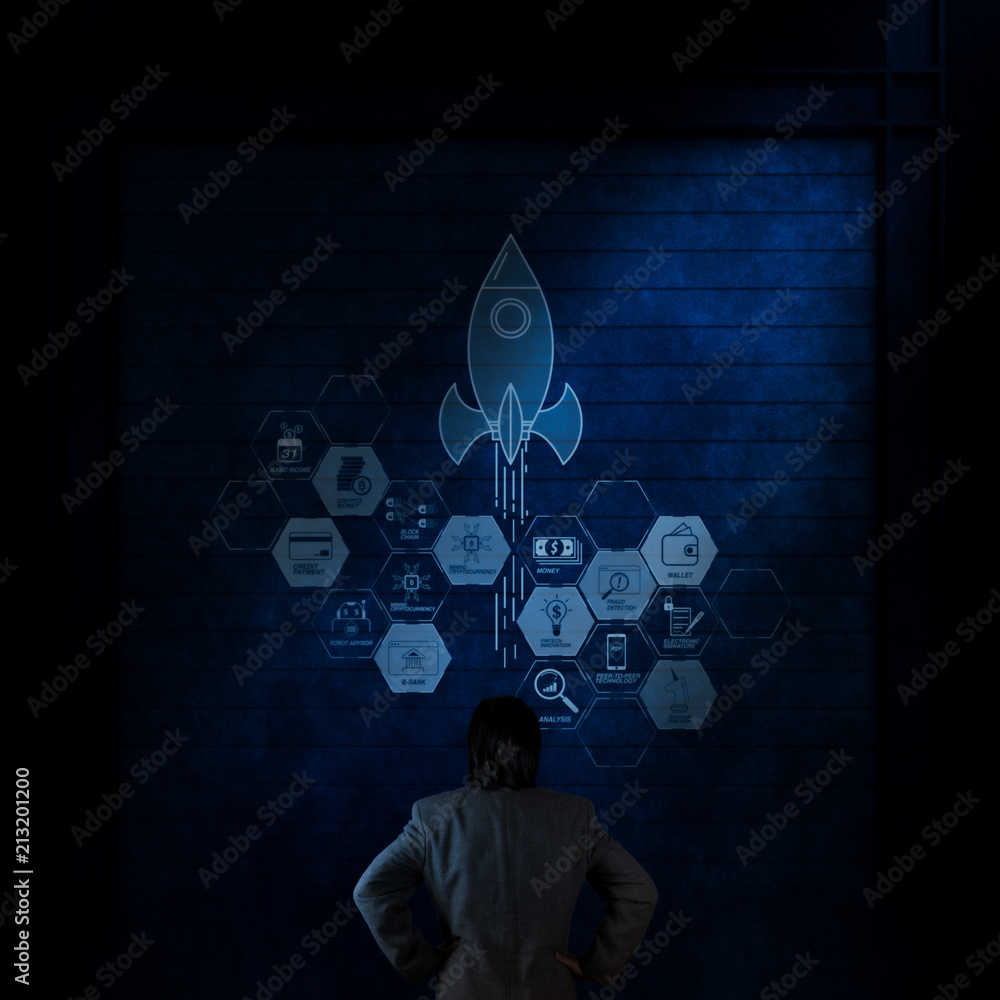 Poster financial technology flowchart and basic income mining cryptocurrency with blockchain startup unicor