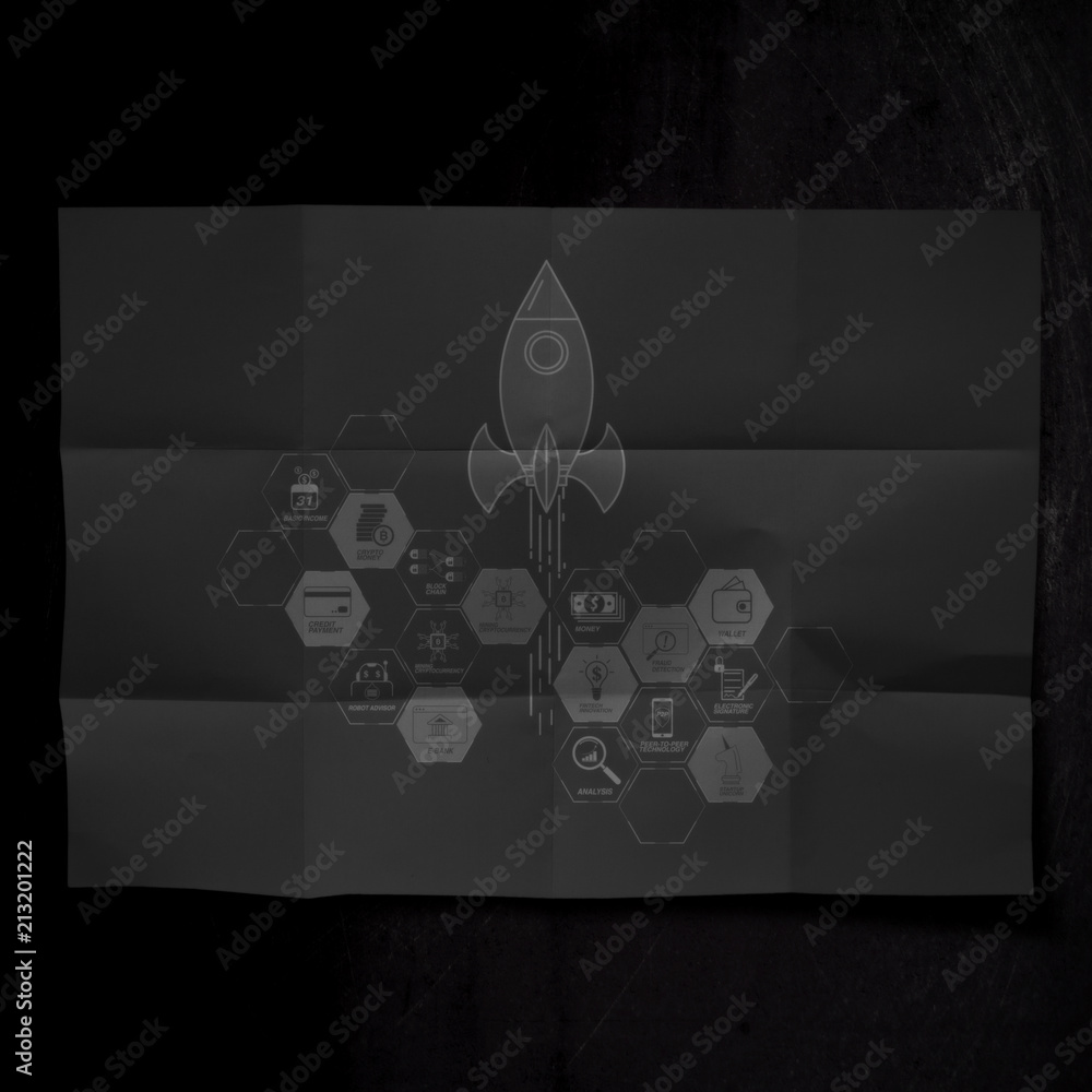 Poster financial technology flowchart and basic income mining cryptocurrency with blockchain startup unicor