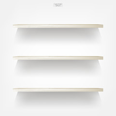 Empty wood shelf on white background with soft shadow. 3D empty wooden shelves on white wall. Vector.