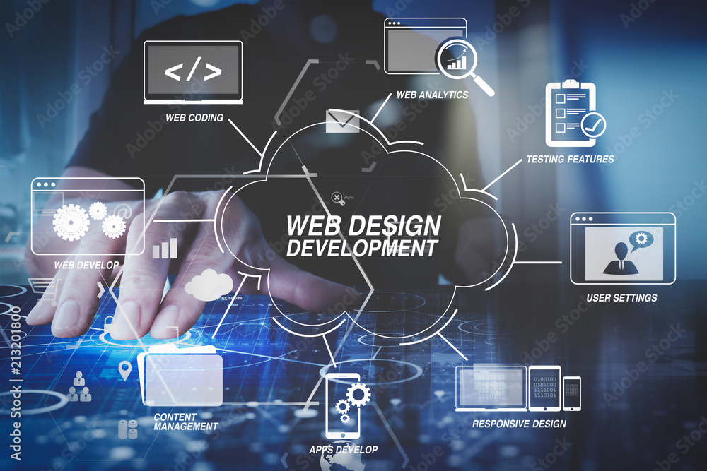 Poster businessman hand working with modern computer in modern office with virtual icon diagram