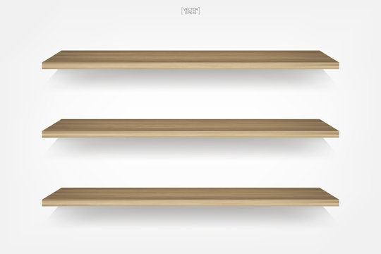 Empty wood shelf on white background with soft shadow. 3D empty wooden shelves on white wall. Vector.
