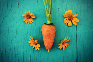 Carrot and orange flowers - organic nutrient-rich food, top view. Beautiful nature. 