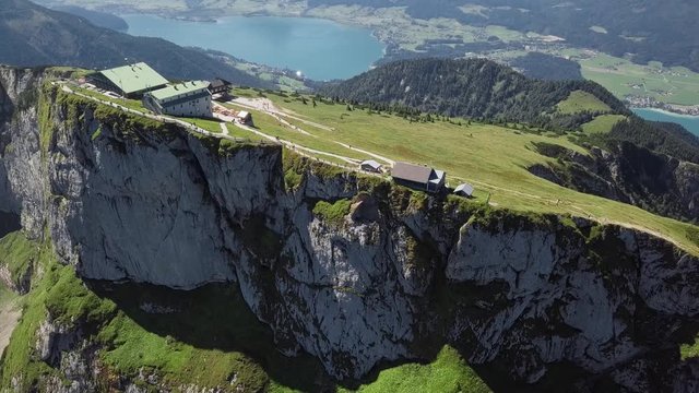 Flight around Schafberg summit in Salzkammergut, Upper Austria.
