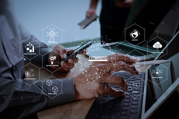 Business team meeting present. Photo professional investor working with new start up project. Digital tablet laptop computer design smart phone using, keyboard docking screen foreground,sun flare