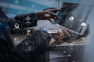 Businessman hand working concept. Documents finance graphic chart. Digital tablet keyboard dock screen computer design smart phone using. Eyeglass on marble desk. Sun flare effect