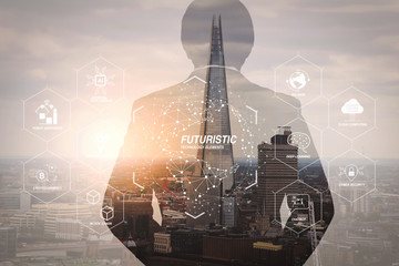 Double exposure of success businessman using smart phone with London building,filter effect