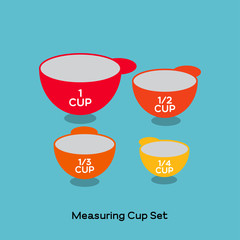 MEASURING CUP SET
Colorful measuring cup set, a kitchen utensil, red, orange and yellow measuring cups in various size on blue background. 