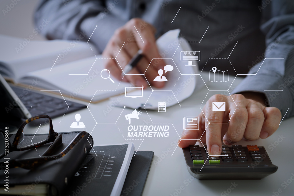 Poster businessman hand working with finances about cost and calculator and latop with mobile phone on with