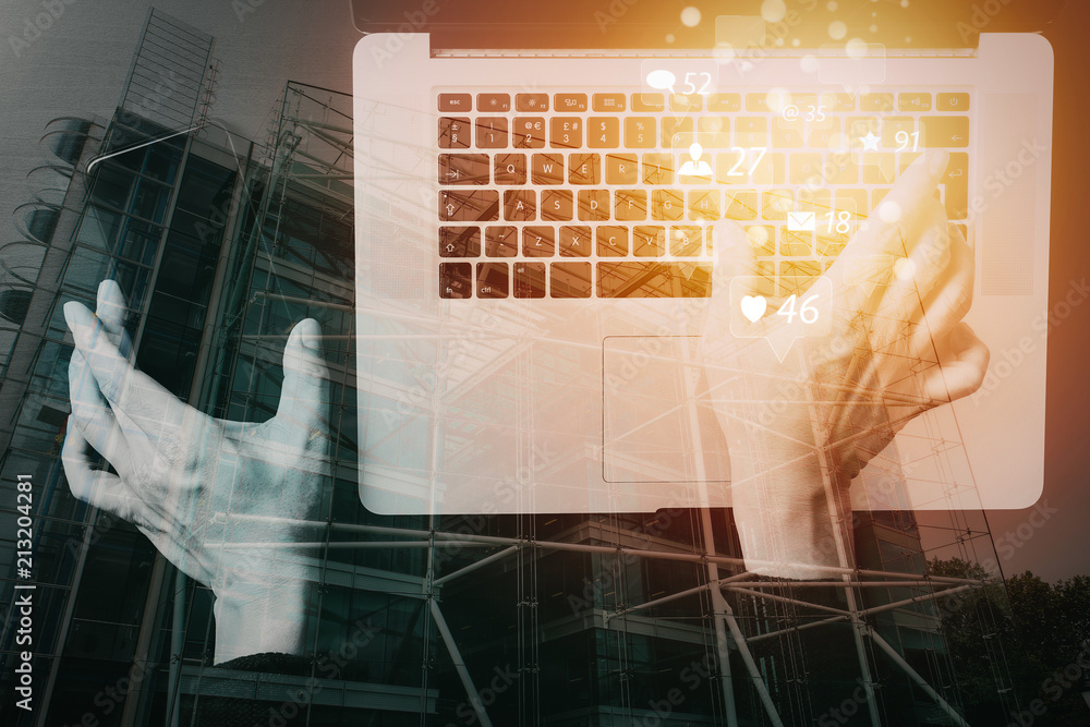 Poster cyber security internet and networking concept.Businessman hand working with VR screen padlock icon mobile phone on laptop computer background with buildings exposure