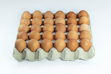 eggs in carton box . close up brown fresh thirty (30) chicken eggs in packaging on white background