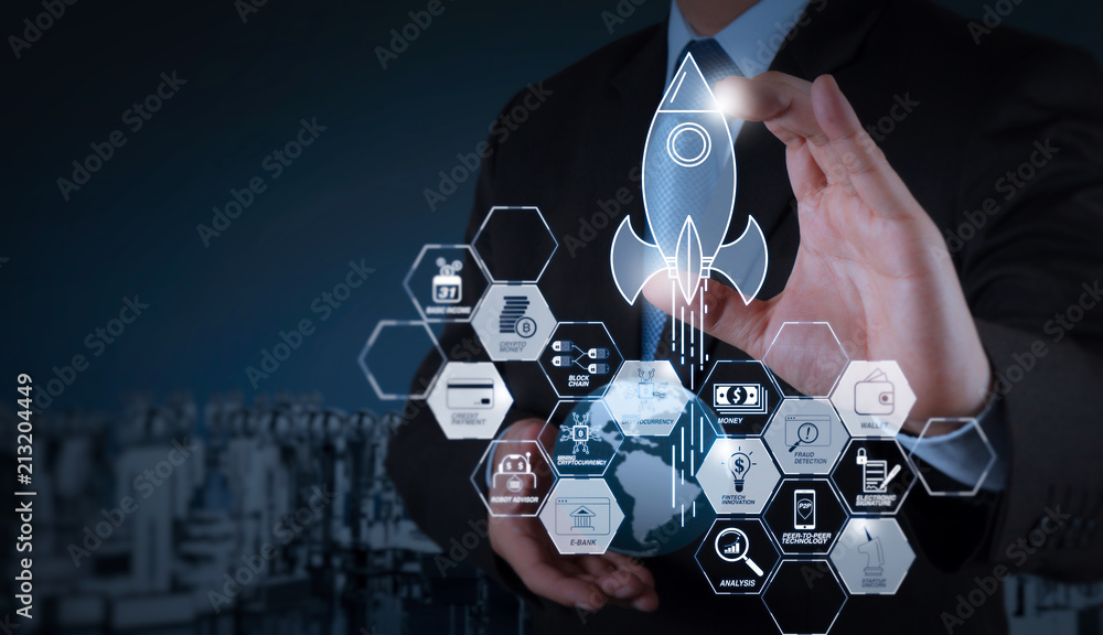 Poster financial technology flowchart and basic income mining cryptocurrency with blockchain startup unicor