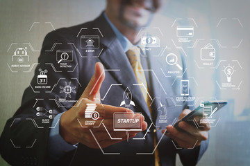 success businessman open his hand,front view,filter effect