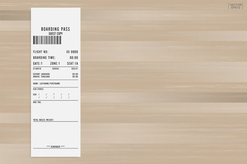 Airline boarding pass ticket on wood background. Vector.