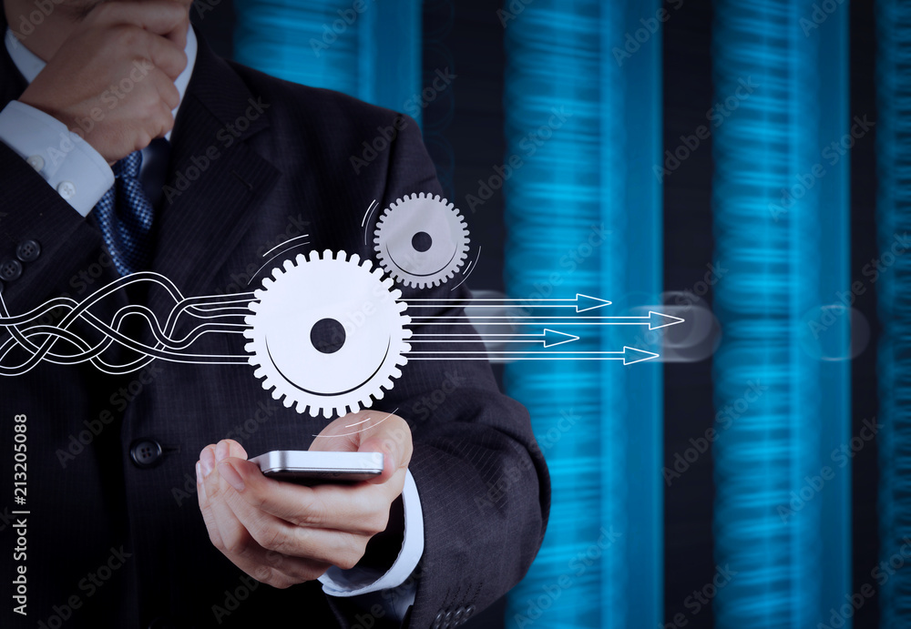 Poster businessman hand using the phone tablet touch computer gadget as concept
