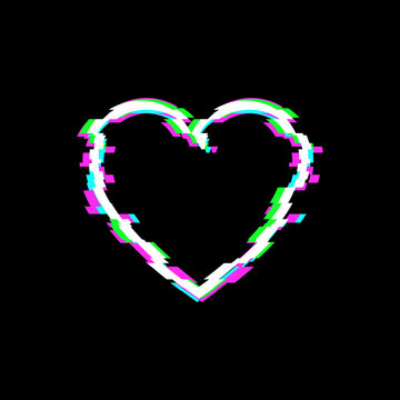 Vector Glitch Heart Icon, Technology Illustration Background, White Love Symbol.