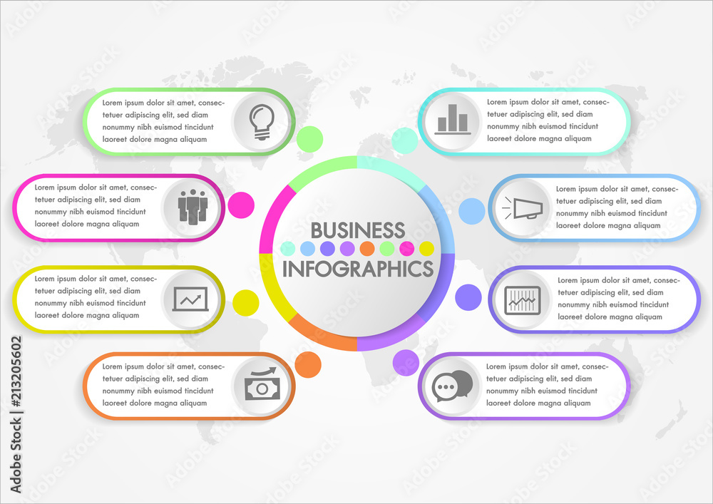 Poster business infographics design concept template with icons and 8 options or steps minimal style colorf