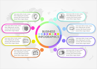 Business Infographics design concept template with icons and 8 options or steps minimal style colorful. Can be used for process diagram, presentations, workflow layout, banner, flow chart, info graph.