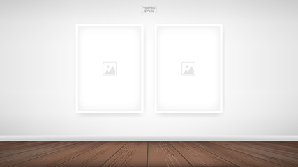 Empty photo frame or picture frame background in room space area with white concrete wall background and wooden floor. Vector.