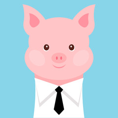 Funny pig in a shirt with a tie. Vector illustration.