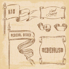 Hand drawing old ribbons and flags set banners. Sketch style vector illustration