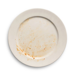 Top view of empty plate, dirty after the meal is finished isolate with clipping path.