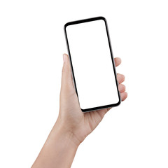 Isolated female hand holding a cellphone with white screen with clipping path.