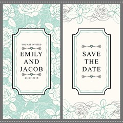 Save the date pattern invitation, wedding card template with white rose flower blossom leaves. Floral natural decoration background backdrop fabric textile design. Vector illustration