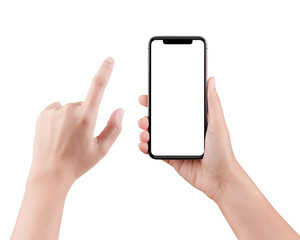 Isolated female hand holding a cellphone with clipping path, Woman typing on mobile phone isolated on white background.