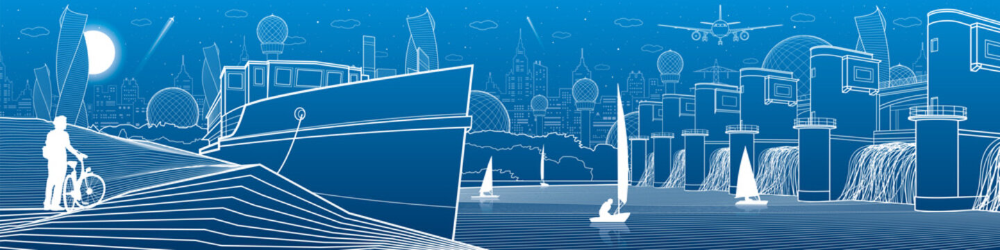 City infrastructure panoramic illustration. Big bridge across river. Hydroelectric Power Station. Ship landed on shore. Sailing yachts on water. White lines on blue background. Vector design art