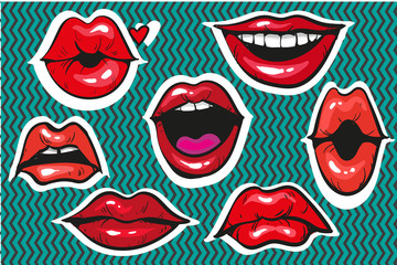 Pop art sexy fashion patch badges or fancy stickers for prints, banners, advertisement moody female lips