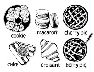 Bakery, sweet pastry vector set, hand drawn vector illustration: cookies, macarons, pies, cake, croissant with text isolated on white background