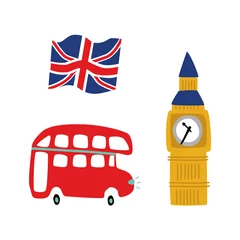 Foto op Canvas vector flat United kingdom, great britain symbols set. British flag union jack, double decker bus and Big Ban Tower of London icon. Isolated illustration on a white background © sabelskaya