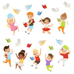 Flat vector set of cartoon children characters jumping and throwing books up in the air. Happy pupils of elementary school